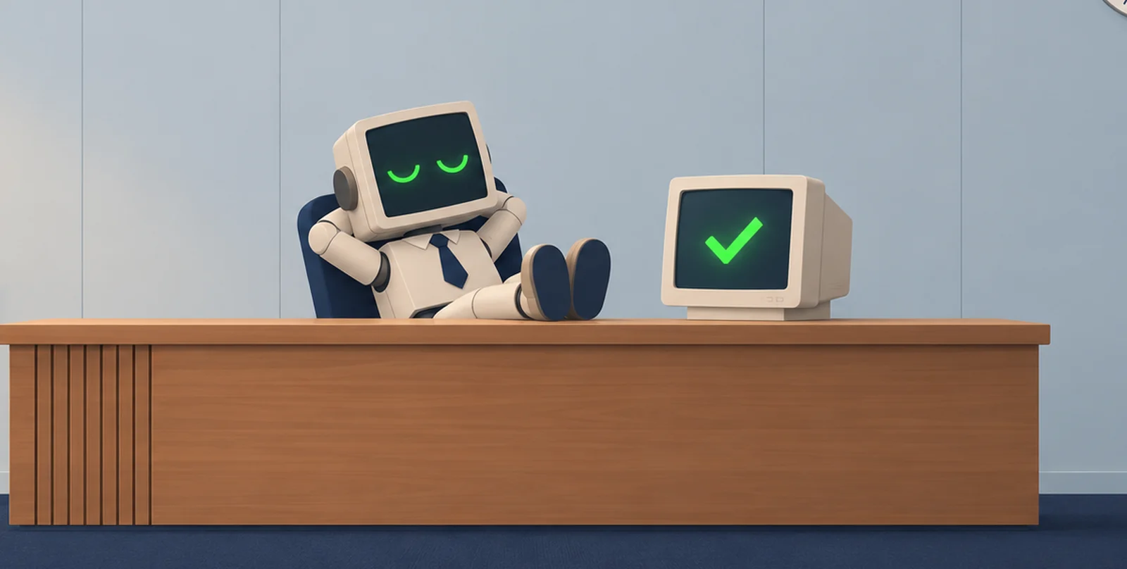 Agent-7, a boxy office robot, asleep at the reception desk with its feet up while its monitor shows a big green check mark